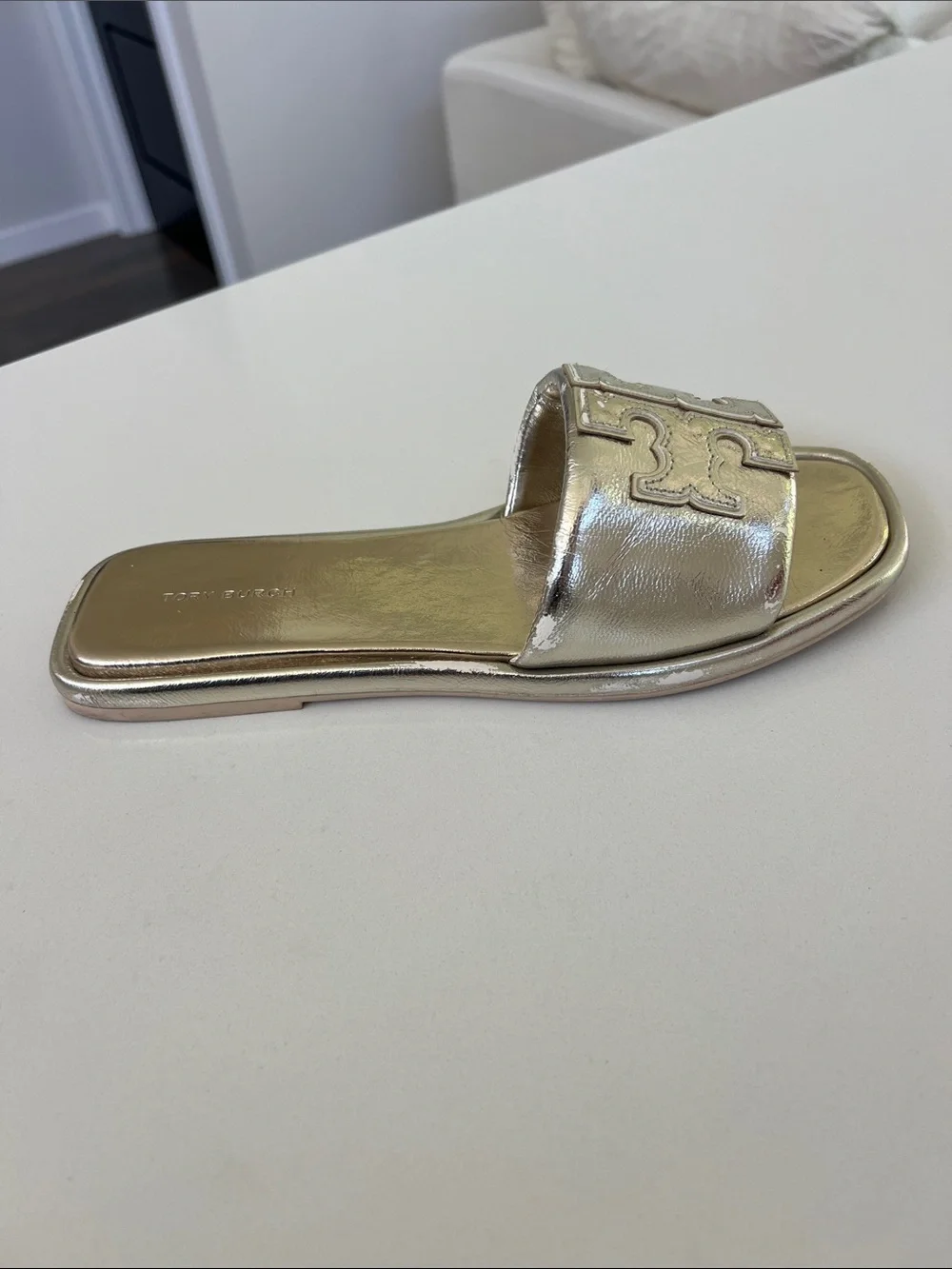 Tory Burch spark gold metallic open toe double T sport slide leather sandals 8